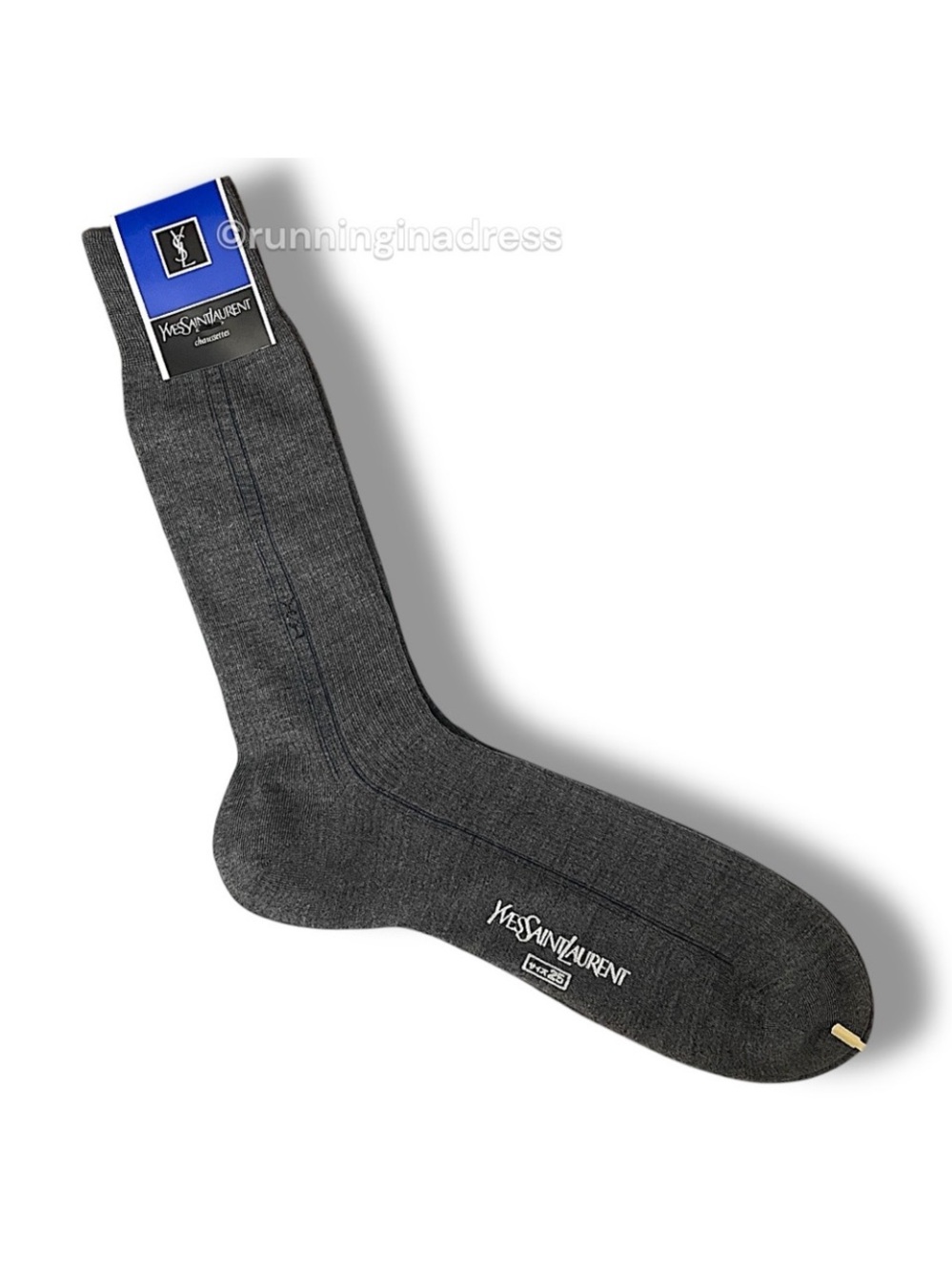 Vintage Yves Saint Laurent Men’s Logo Dress Socks Grey Double Stripe Logo OSFM